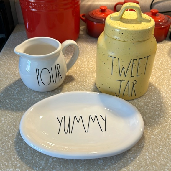 Rae Dunn 3 pieces, creamer, treat dish and dog treats jar people treats. 2 new - Picture 1 of 7